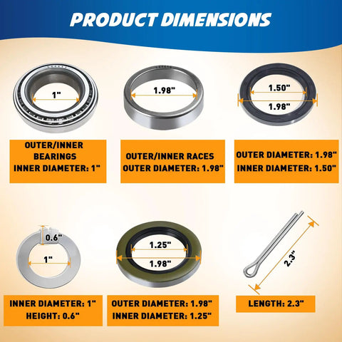 Product dimensions of Road Ready Trailer Bearing Rebuild Kit Designed For 2000 To 2200 Pound Axles with detailed measurements.