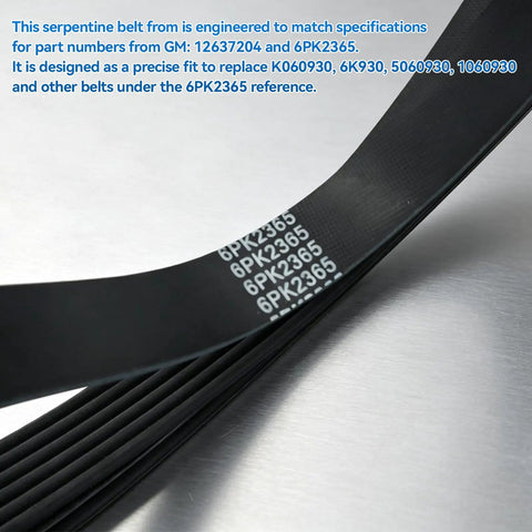 Top Tier EPDM Serpentine Drive Belt Compatible With Chevy Silverado, Suburban, Tahoe, GMC Sierra, 6PK2365 detail view showing ribbed design.
