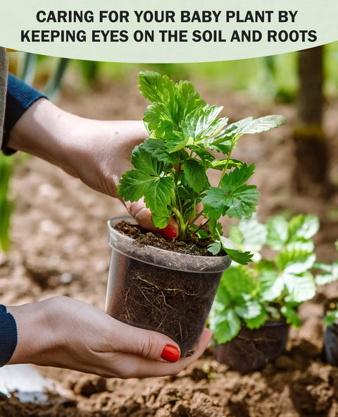 Hands holding a plant in a clear See Through Seed Starter Pots 30 Pack Clear 3 To 5 Inch Plant Pots With Drainage Holes outdoors.