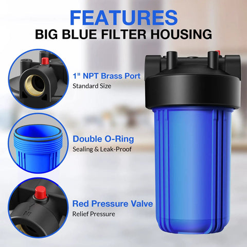 Whole House Water Filter Housing 10 Inch By 4.5 Inch For Sediment And Carbon Pre Filtration System Universal 1 NPT Port Pressure Release Built To Last For Well And City Water Durable Reinforced Polypropylene Housing; features include blue reinforced polypropylene, 1" NPT brass port, red pressure valve, and double O-ring.