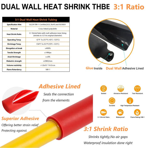 3:1 dual wall heat shrink tubing with adhesive lining, specifications and features for 10 Packs 4 Gauge Butt Connectors Kit With Pure Copper Barrels, Uninsulated Crimp Splices For Auto Repair, Includes 10 3:1 Heat Shrink Tubing, 600V Rated, Compatible With Solid Or Stranded Copper Wire