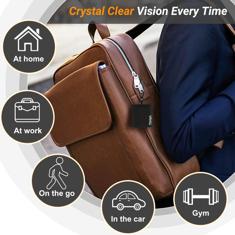 Brown leather backpack with black microfiber glasses-cleaner keychain clipped to zipper.