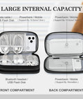 Travel Cable Organizer Pouch for Electronics Gear with dual compartments showing cords, phone, power banks, 7.5x4.3x2.2 in size