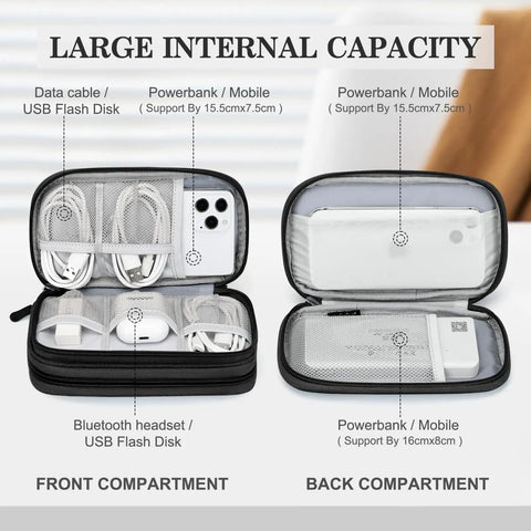 Travel Cable Organizer Pouch for Electronics Gear with dual compartments showing cords, phone, power banks, 7.5x4.3x2.2 in size