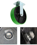 Rock Solid Eight Inch Polyurethane Wheel Plate Casters Featuring Polished Galvanized Steel Hub And Reinforced Bracket For Heavy Duty Industrial Shop Cart Roller Replacement with green polyurethane wheel.