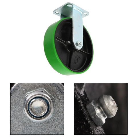 Rock Solid Eight Inch Polyurethane Wheel Plate Casters Featuring Polished Galvanized Steel Hub And Reinforced Bracket For Heavy Duty Industrial Shop Cart Roller Replacement with green polyurethane wheel.