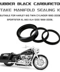 Carburetor Intake Manifold Gasket Seal Kit For Big Twin Bikes 1990 To 2006 And Sportster XL 883 XLH 1200 1988 To 2006 Electra Glide Black Rubber Lower Seals Set Replacement OEM HD Parts shown with motorcycle image.