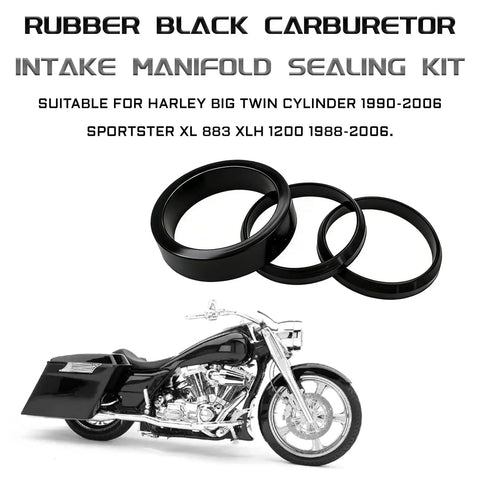 Carburetor Intake Manifold Gasket Seal Kit For Big Twin Bikes 1990 To 2006 And Sportster XL 883 XLH 1200 1988 To 2006 Electra Glide Black Rubber Lower Seals Set Replacement OEM HD Parts shown with motorcycle image.