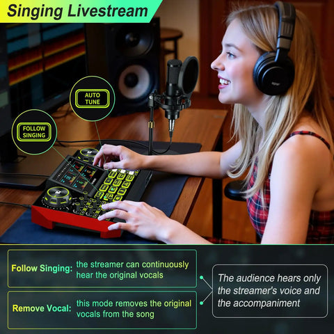 User using All-In-One Podcast And Streaming Studio Bundle With Audio Mixer And 3.5mm Condenser Microphone for livestreaming.
