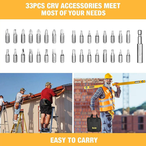 33-piece accessories shown with workers using tools outdoors