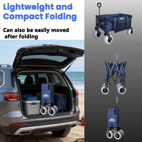 Large Capacity Beach Wagon For Sand With All Terrain Balloon Wheels 9x4 Inch 200L Capacity And 330Lb Heavy Duty Collapsible Cart shown folded inside a car trunk on a beach.
