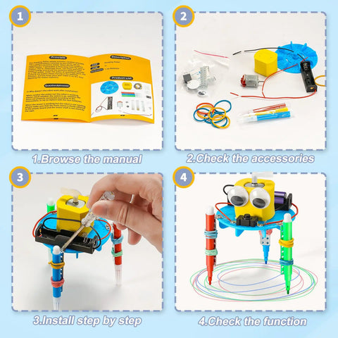 Six-In-One Robotics Science Kits For Kids Ages 8 To 12, STEM Building Toys With Bubble Machine, Doodling Robot, Balance Robot, Crawling Robot, Glider And Air Rocket For Hands-On Engineering Fun, doodling robot manual and parts