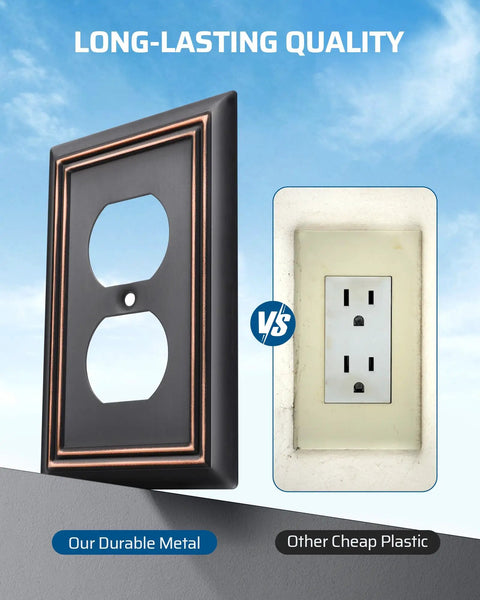 Duplex Wall Plate Set In Aged Bronze Built Tough Heavy Duty Metal Outlet Covers For Receptacles And Light Switches 4 Pack display