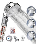 Kickin High Pressure Shower Head With Handheld And Filter For Hard Water Detachable Water Saving Design With Massage Settings shown with accessories