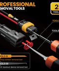 Crimping Tool Kit For One Point Five Millimeter Waterproof Automotive Connectors 22-14 AWG Ratchet Crimper With Terminal Removal Tools shown with removal tools and connectors