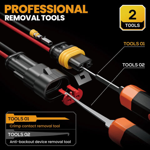 Crimping Tool Kit For One Point Five Millimeter Waterproof Automotive Connectors 22-14 AWG Ratchet Crimper With Terminal Removal Tools shown with removal tools and connectors