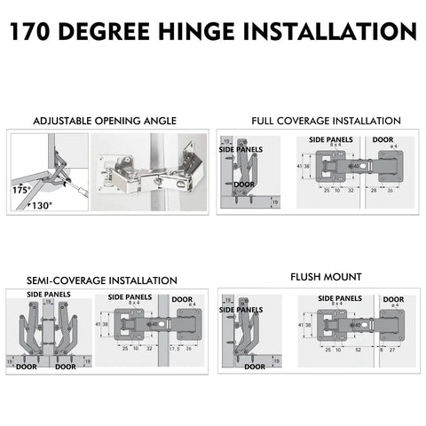 Installation diagram for 2 Pack 170 Degree Hidden Cabinet Hinges With Hydraulic Adjustable Surface Mount Concealed For Frameless Doors
