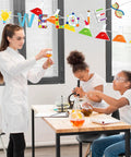 Teacher and students with "Science Banner Garland Set For Back To School Party Decor 5 Pcs" in a classroom setting.