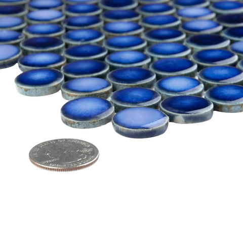 Porcelain Penny Round Sapphire Tile For Floor And Wall, Slick Glossy Mosaic In Deep Blue with coin for size comparison