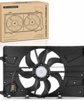 Engine Radiator Cooling Fan Assembly For Buick Verano And Chevy Cruze with shroud and 7-blade design shown behind box.