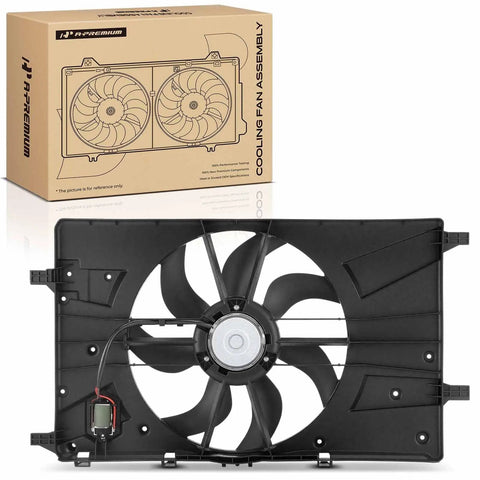 Engine Radiator Cooling Fan Assembly For Buick Verano And Chevy Cruze with shroud and 7-blade design shown behind box.