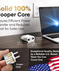 Small European To American Outlet Plug Adapter on table next to laptop, showing compact size and solid copper core design.
