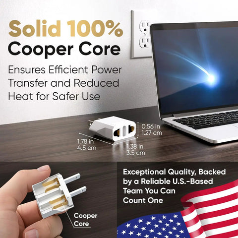 EU To US Travel Plug Adapter 220V To 110V Converter Type A 2 Pack on table near laptop outlet with copper contacts detail shown