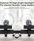 USB Rechargeable LED Headlight For Electric Scooters And Bikes, adjustable focus, mounted on holder, weatherproof aluminum