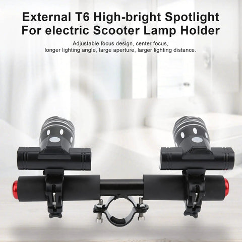 USB Rechargeable LED Headlight For Electric Scooters And Bikes, adjustable focus, mounted on holder, weatherproof aluminum