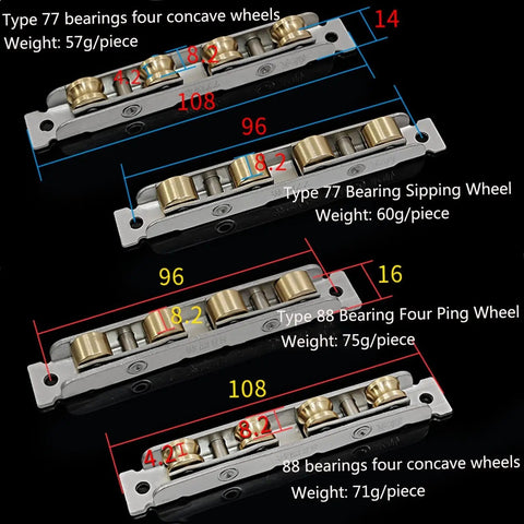Top Shelf 304 Stainless Steel Sliding Window Rollers With Heavy Duty Bearing Wheels For Patio Doors And Glass Tracks, Type 77 and 88 rollers displayed.