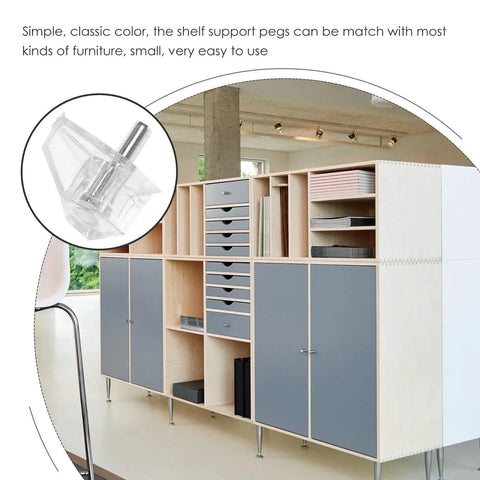 Bulk 100 Shelf Pegs For Cabinets And Shelves, clear plastic and stainless support pin next to modern cabinet