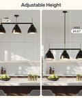 Black And Gold 3 Light Linear Kitchen Island Pendant With Adjustable Rods showing height range, installed over kitchen island.