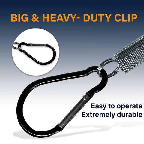 Close-up of a heavy-duty clip from Twin Pack 25 Inch Tender Spring Kit With Hanger Trackers And Hose Clamps For Heavy Duty Air Line