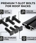 No Drill Install Heavy Duty Four Square Head T Slot Bolt Adapters For Roof Rack Crossbars Smooth Slide Fit Durable Hardware Kit, 304 stainless steel bolts with precise dimensions.