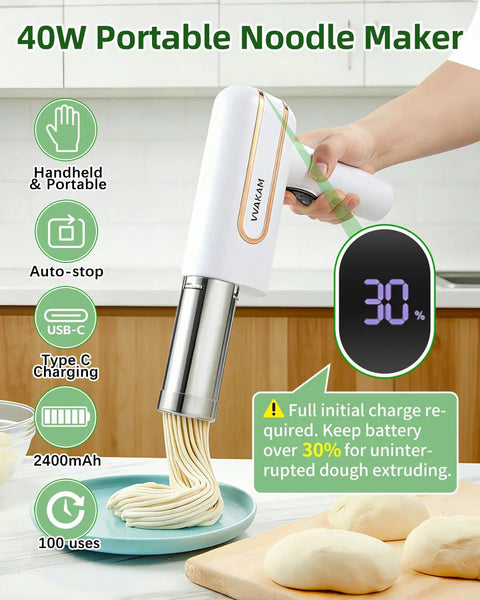 Cordless 5-In-1 Electric Pasta Maker Machine extruding dough; handheld, portable design with USB-C charging.