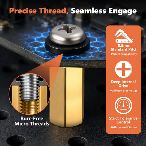 686 Piece Motherboard Standoffs And Spacers Kit M3 Brass And Black Nylon Hex Standoffs And Nuts For PC Building Raspberry Pi Drone PCB Projects Computer Hardware, brass standoff thread close-up