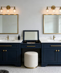 Bathroom with Two Three Light Antique Brass Wall Sconces With Clear Glass Globes Dope Industrial Vanity Lighting Above Mirrors