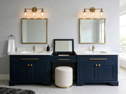 Bathroom with Two Three Light Antique Brass Wall Sconces With Clear Glass Globes Dope Industrial Vanity Lighting Above Mirrors
