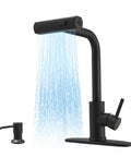 Slick Matte Black Waterfall Kitchen Faucet With Pull Down Sprayer And Matching Soap Dispenser Straight Up showing waterfall spray and soap dispenser.