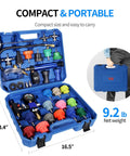Heavy Duty 31 Piece Coolant Pressure Tester Kit With 23 Radiator Adapters And Blue Pump Gauge Vacuum Refill Tool showing portable case dimensions.