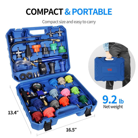 Heavy Duty 31 Piece Coolant Pressure Tester Kit With 23 Radiator Adapters And Blue Pump Gauge Vacuum Refill Tool showing portable case dimensions.