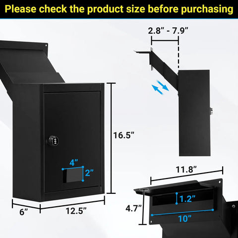 Diagram of Wall Mount Drop Box With Combination Lock For Home Office Use Beefy Heavy Duty Steel Mail Slot Safe, dimensions labeled.