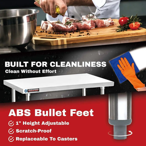 Stainless Steel Work Table 30x12 Heavy Duty NSF Commercial Prep Table With Under Shelf image showing ABS bullet feet.