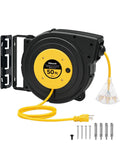 Heavy Duty Retractable Extension Cord Reel 50 Feet Long With Rugged 14 AWG Wiring And Three Bright Lighted Outlets, yellow cord and wall mount included.