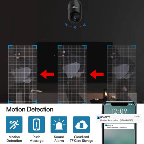 Image of motion detection feature on 3MP WiFi Bulb Camera System With E26 Screw Base Wireless Home Surveillance 360 Degree Panoramic Lens Night Vision Plug and Play Setup 2.4GHz WiFi Only No Wiring Indoor Security Camera displayed on a smartphone.