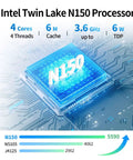 Intel Twin Lake N150 Processor image showing 4 cores, 6M cache, and 3.6GHz clock speed on a blue circuit background.