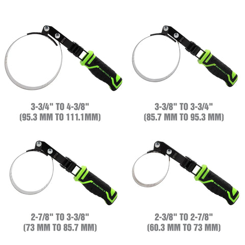 Four Piece Pro Grade Swivel Oil Filter Wrench Set with adjustable strap wrenches and heavy duty stainless band construction