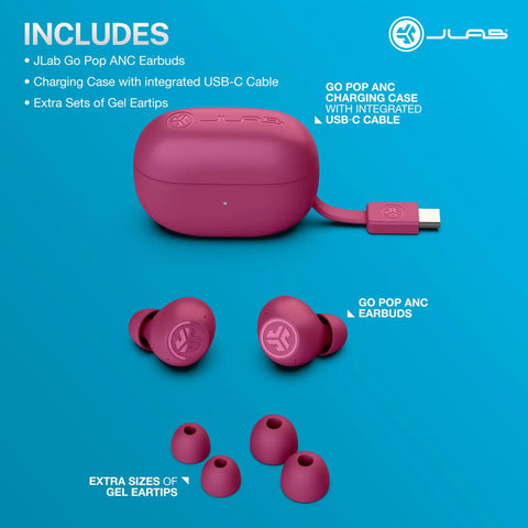 Go Pop ANC True Wireless Earbuds With Charging Case In Fuchsia, Active Noise Cancelling, 10mm Drivers, USB C Fast Charge
