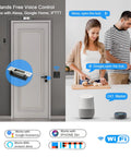 Wireless Magnetic Door Lock Kit With 400lb Holding Power, Remote And Smartphone App Control, shown with Alexa and Google Home support