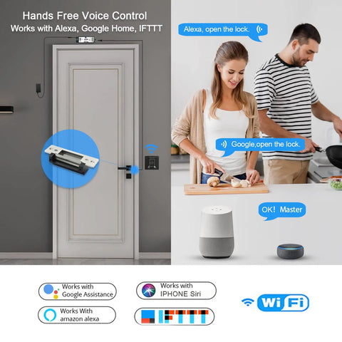 Wireless Magnetic Door Lock Kit With 400lb Holding Power, Remote And Smartphone App Control, shown with Alexa and Google Home support